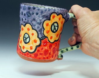 Orange flower with Peace sign, 70s inspired Large Coffee Mug or Tea Cup - Handmade Majolica - 12 ounce oz - yellow blue purple