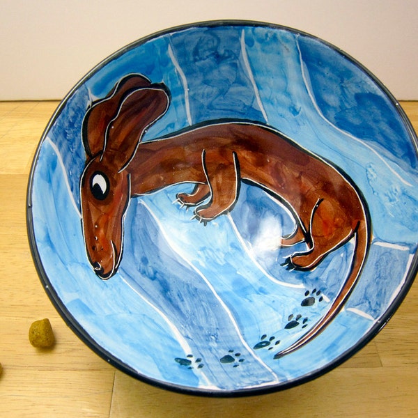 Ceramic Bowl Pottery Majolica Brown Dachshund Wiener Pet Dog on Blue