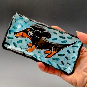 Black and Tan Dachshund Pottery Spoon Rest or Ceramic Tray - Wiener Dog - Handmade Majolica - Coin Change Tray or Butter Dish