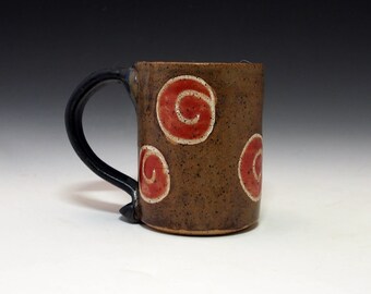 Red Spot with silver spirals  Small Brown Coffee, Tea,  Mug - Handmade Stoneware Pottery Mug - 8 ounces oz - farmhouse decor