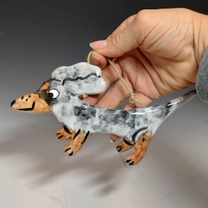 Silver Dapple Dachshund Pet Dog Pottery Holiday Christmas Ornament or wall decor - Handmade Majolica -