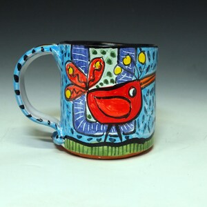 Handmade Majolica Red Bird Mug – Whimsical Pottery Coffee Cup (9 ounce) Bild 4