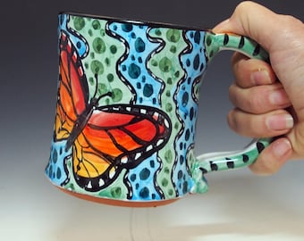 Handmade Monarch Butterfly Large Coffee Mug – Majolica Ceramic Tea Cup