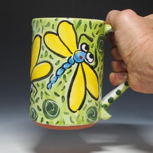 Large Blue Dragonfly Pottery Coffee or Tea Mug - Handmade Majolica - 12 ounces oz - Lime Green Mug