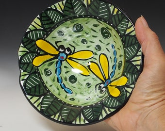 Green Dragonfly Small Pottery Serving Bowl - Handmade Majolica - Cereal, Ice Cream Bowl - Whimiscal insect