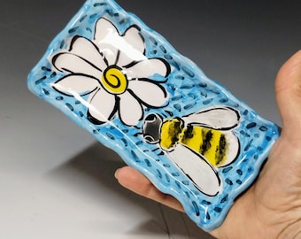 Handmade Bumble Bee Pottery Spoon Rest: Majolica Trinket Butter Dish