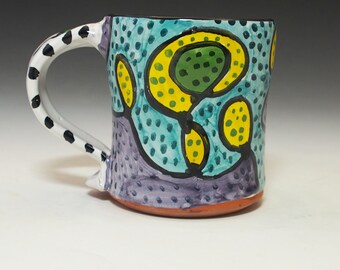 Neurographic Art inspired Small Coffee Mug or Tea Cup - Handmade Majolica - 10 ounce oz - yellow blue purple - experimental mug