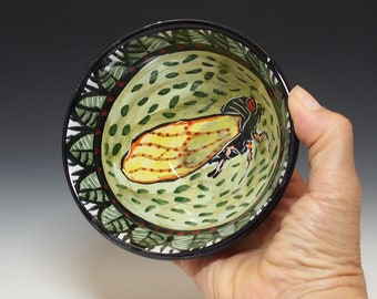 Red eye Cicada 13 and 17 year Small Pottery Serving Bowl - Handmade Majolica - For Cereal, Ice Cream or Kitchen Prep - Nature Theme