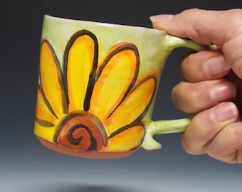 Handmade Sunflower Pottery Mug: Majolica Glaze, Lime Green, 8 oz