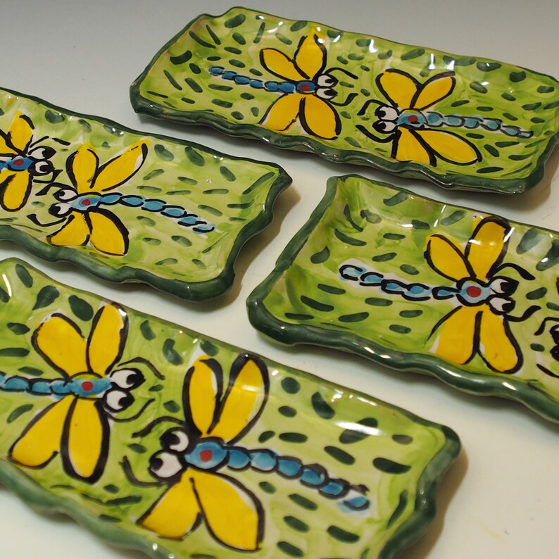 Handmade Dragonfly Pottery Dish: Majolica Ceramic Spoon Rest image 2