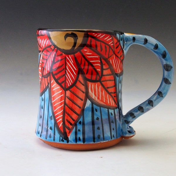 Red Lotus Flower Pottery Large Coffee Mug or Tea Cup - Handmade Majolica - Ornate Pattern - 12 ounce oz mug -