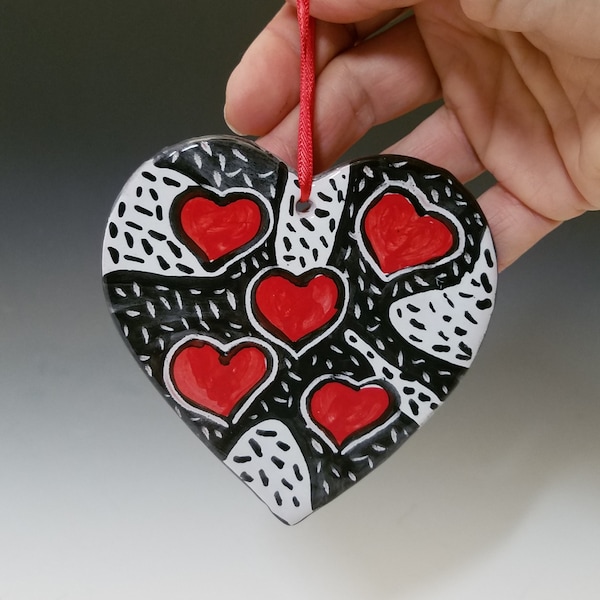 Red Hearts on Black and White Stripes Pottery Clay Wall Decoration or Ornament - Handmade Majolica - home wall decor - wall art - Love