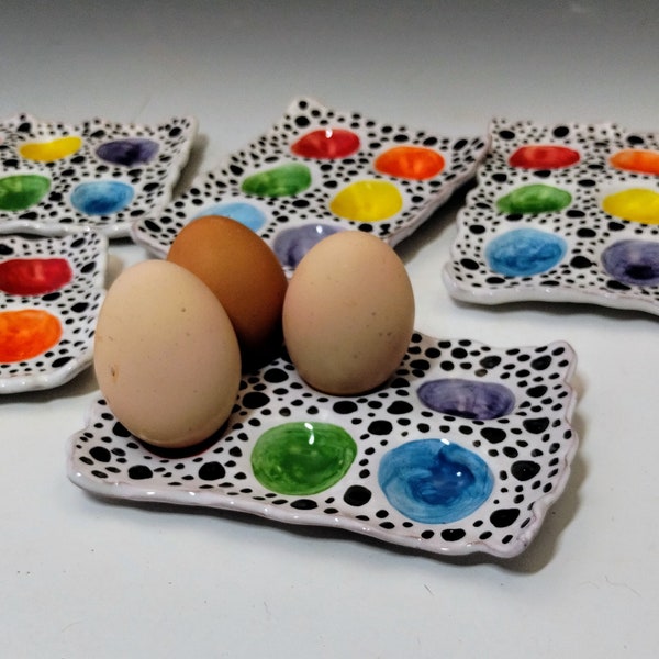 Ceramic Egg Holder for Counter, Egg Tray, Handmade Pottery Majolica Egg Crate, Egg Storage for 6, Chicken Lover Gift, Ready to Ship, Rainbow