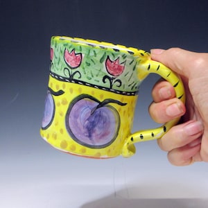 Purple Plum Fruit Pottery Coffee Mug - Handmade Majolica - 12 ounces mug - 90s style