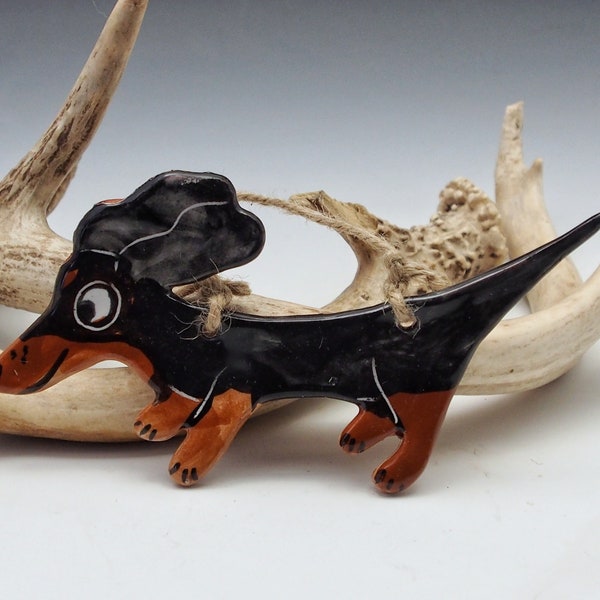 Black and Tan Dachshund Pet Dog Pottery Holiday Ornament - Handmade Majolica - Doxie Dog Christmas Ornament