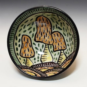Morel Mushroom Small Pottery Serving Bowl - Handmade Majolica - Salad, soup or pasta bowl  - Morchella Mushrooms - gift for her
