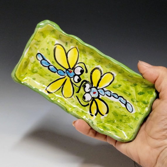 Handmade Dragonfly Pottery Dish: Majolica Ceramic Spoon Rest