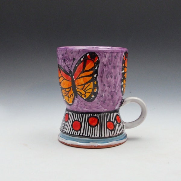 Orange Monarch Butterfly Pottery Large Coffee Mug or Tea Cup - Handmade Majolica - 14 ounce mug