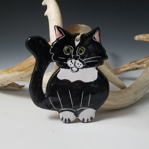 Black and White Tuxedo Cat Pottery ornaments for Holiday wall or tree Decor  - Handmade Majolica - Black and White - Christmas ornaments