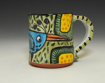 Whimsical Funky Blue Bird of Happiness Pottery Coffee or Tea Mug - Handmade Majolica - Bright Colorful Fun - 10 ounce oz Mug -
