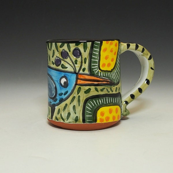 Whimsical Funky Blue Bird of Happiness Pottery Coffee or Tea Mug - Handmade Majolica - Bright Colorful Fun - 10 ounce oz Mug -