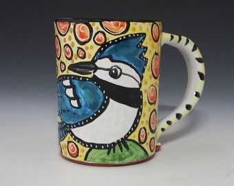 Blue Jay Bird Large Pottery Coffee Mug - Handmade Majolica - 12 oz ounces - Wildlife Pattern - Tea Mug - Bluejay