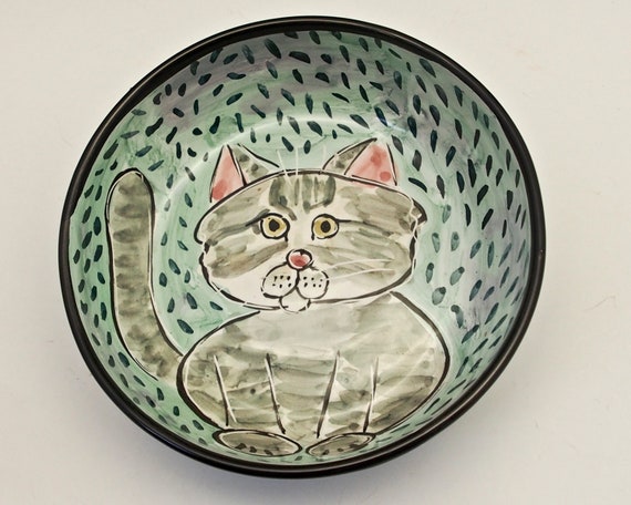 Grey Striped Tabby Cat Pottery Food Or Water Bowl Handmade Etsy