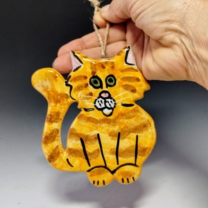 Orange Marmalade Striped Tabby Cat Pottery ornaments for wall or holiday tree Decor  - Handmade Majolica - Orange