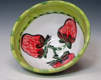 Small Red Strawberry Pottery Serving Bowl - Hand Thrown Majolica Pottery - Spring