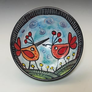 Par de cuencos pequeños de cerámica con forma de pájaro cantor moderno, color naranja y rojo - Mayólica hecha a mano - Cuenco para cereales, aperitivos o helados - Pájaro de dibujos animados
