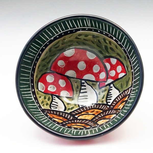 Small Mushroom Pottery Serving Bowl - Handmade Majolica - Red Cap with White spots - Amanita muscaria - Fly Amanita