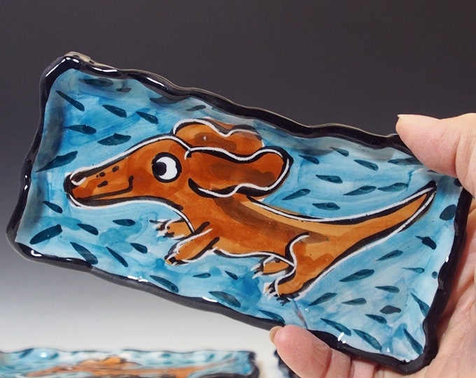 Red Brown Dachshund Dog Pottery Spoon Rest or Small Tray Handmade