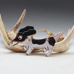 Handmade Piebald Dachshund Ornament: Majolica Pottery Dog Wall Art