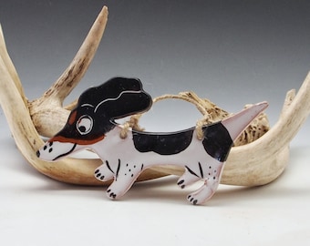Tricolor Piebald Dachshund Wall Art Pottery Ornament - Handmade Majolica - White, Black and Tan Doxie Pet Dog