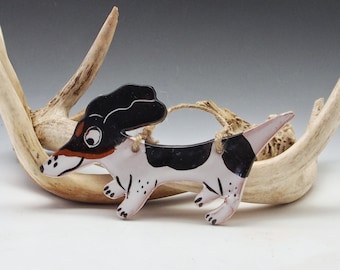 Handmade Tri Color Piebald Dachshund Ornament: Majolica Pottery Dog Wall Art