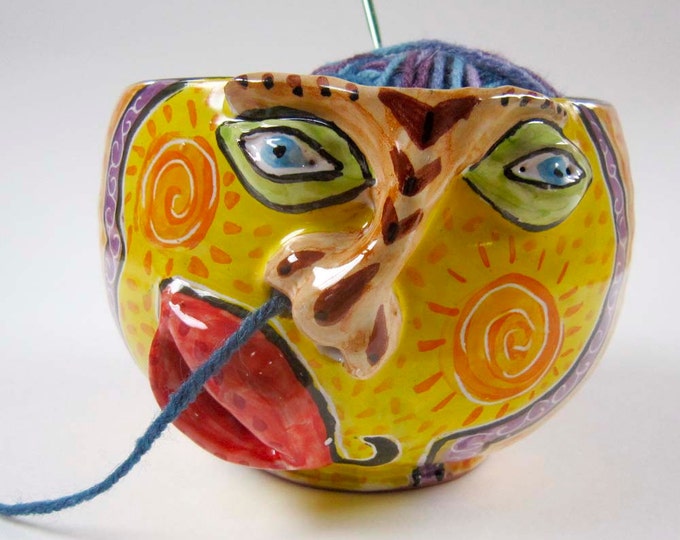 Ceramic Yarn Bowl Pottery Clay Face Yarn Bowl sunshine Sally Snot Nosed