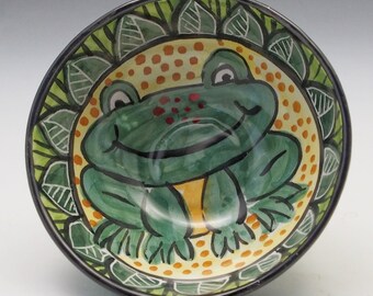 Small Green Frog Pottery Serving, Ice Cream or Snack Bowl - Handmade Majolica - for yogurt or ice cream