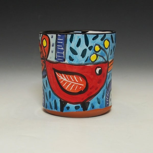 Whimsical Funky Red Bird of Happiness Pottery Coffee or Tea Mug - Handmade Majolica - Bright Colorful Fun - 10 ounce oz Mug -