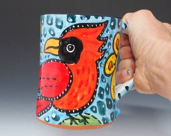 Red Bird Cardinal Large Pottery Coffee Mug - Handmade Majolica - 12 oz ounces - Wildlife Pattern - Tea Mug - Yellow Flowers - Redbird