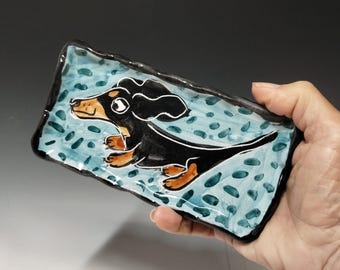 Handmade Black and Tan Dachshund Pottery Dish: Majolica Doxie Spoon Rest or Coin Tray