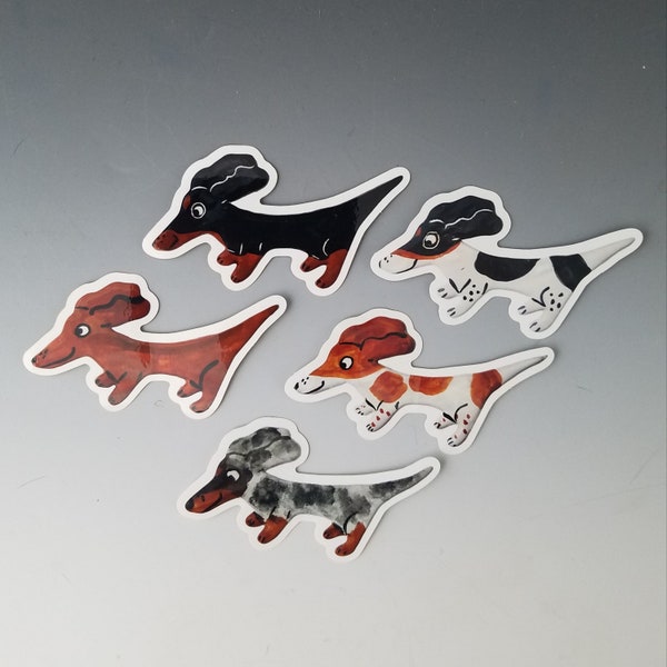 Dachshund Doxie Dog Decal Sticker Laminated Polypropylene Black and Tan, Brown and White Pied, Silver Dapple, Red Brown, Tri color Dogs