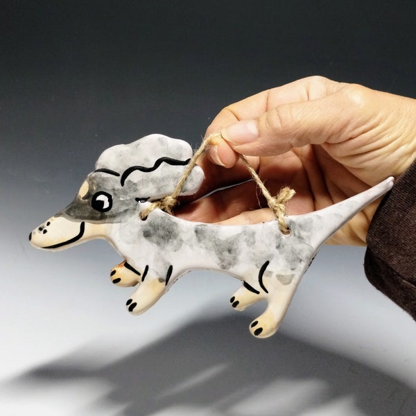 Silver Dapple Dachshund Pet Dog Pottery Holiday Christmas Ornament or wall decor - Handmade Majolica -