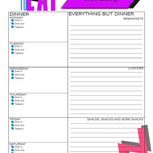 Peut inclure: Un planificateur de repas hebdomadaire blanc avec les mots "WHAT TO EAT" en texte coloré. Le planificateur comprend des sections pour le dîner, le petit-déjeuner, le déjeuner et les collations, avec de l'espace pour écrire le menu de la semaine. Il y a aussi une section pour le mois, la date et qui cuisine.