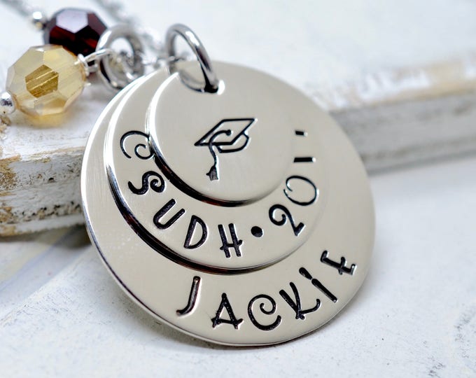 Personalized Graduation Necklace, Senior Necklace, Class of 2021, High School, College, Gift, Graduation Cap Necklace, Hand Stamped Jewelry