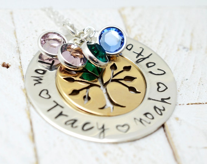 Personalized Two Tone Family Tree Necklace - Mother's Day Jewelry - Mommy Grandma Nana Necklace - Handmade Stamped Metal Jewelry For Her