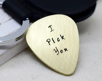 Valentines Gifts, Guitar Pick Keychain, I Pick You, Custom Metal Pick, Leather Key Fobs, Anniversary Gift, Custom Guitar Pick, Grooms Gift