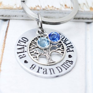 May include: Silver keyring with a tree design and two blue gemstones. The keyring is engraved with the text "Olivia & Patrick grandma".
