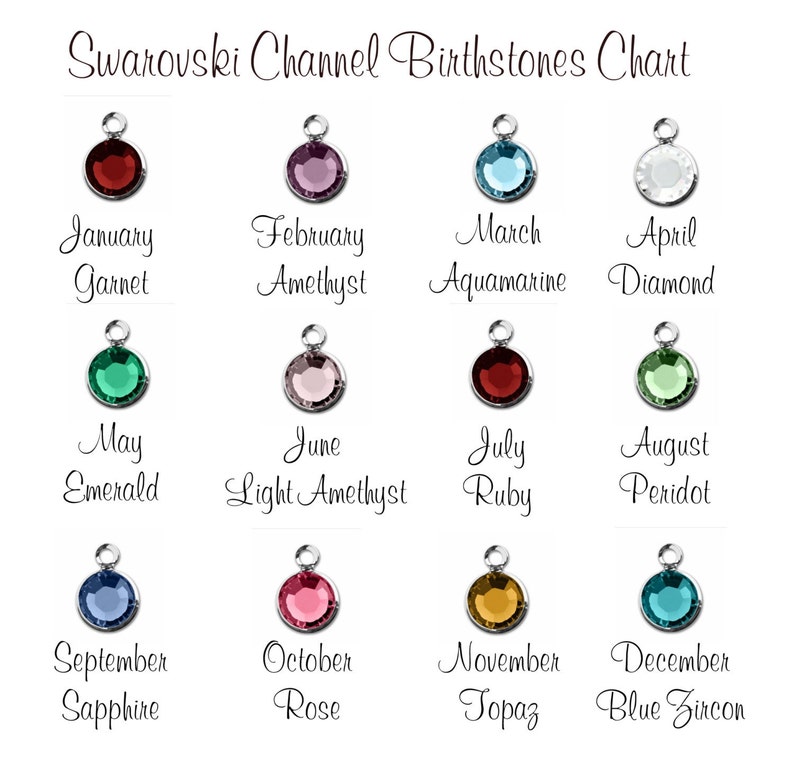 May include: Chart showing Swarovski birthstones for each month of the year. The chart features a small crystal charm for each month, with the month and birthstone name listed below each charm.