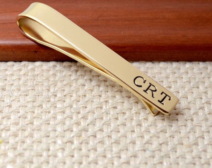 Brass Tie Clip with Initials, Personalized Tie Tack, Tie Clip, Tie Bar, Gold Color, Stamped Tie Bar,Groomsmen Gift, Best Man Gift