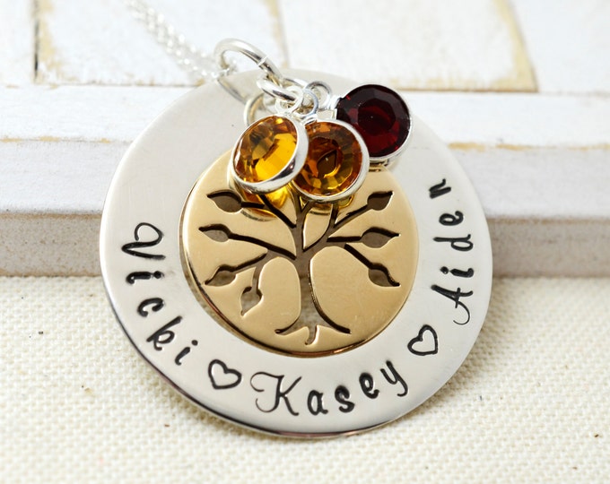 Family Tree Grandmothers Necklace, Family Birthstone Necklace For Mom, Personalized Bronze Family Tree Necklace, Nana Birthstone Necklace